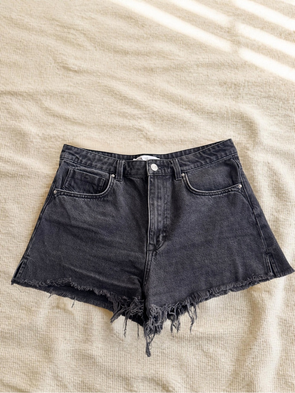 Zara Black High-Rise Frayed Denim Shorts